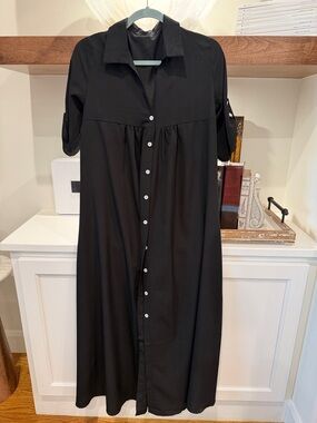 Black Maxi Shirt Dress with Button Front and Roll-Tab Sleeves